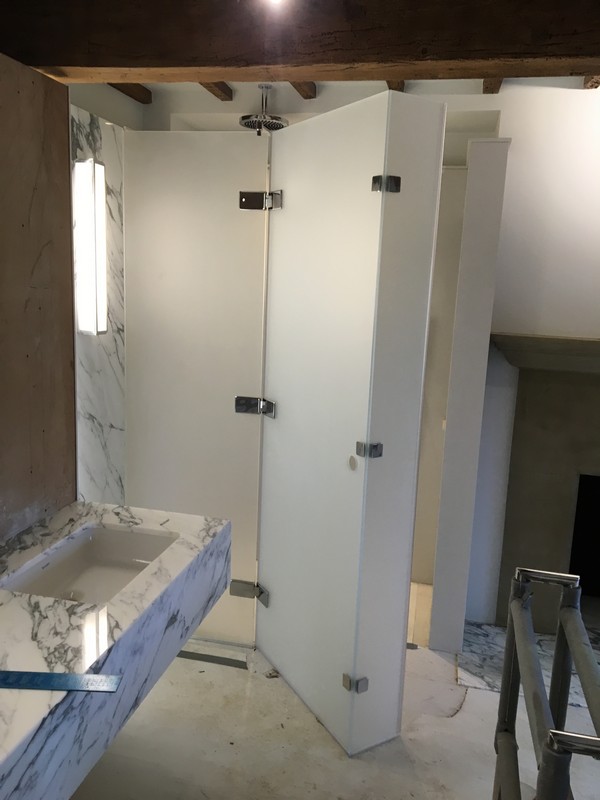 Bespoke frosted glass shower enclosure in Crouch End luxury bathroom